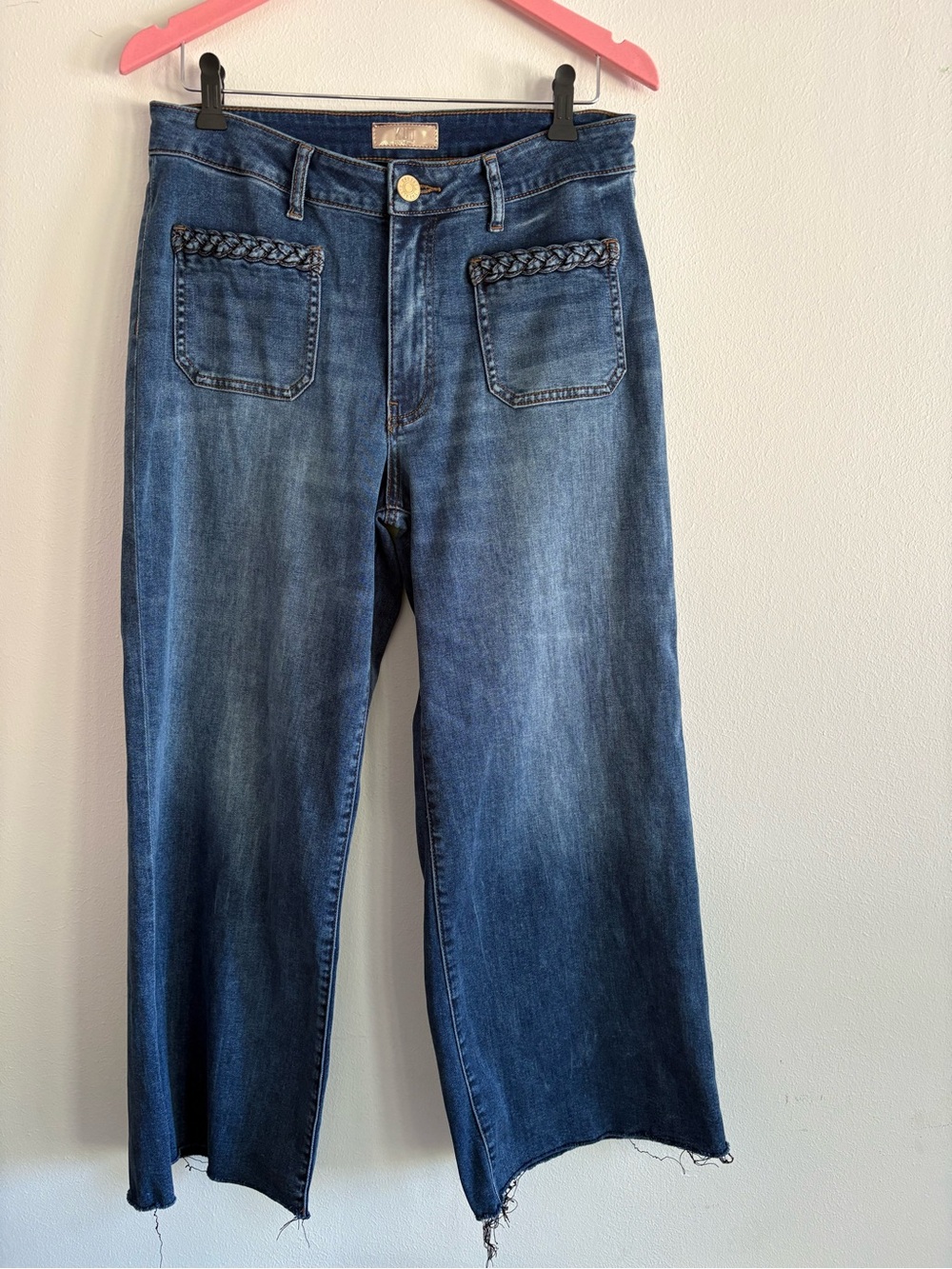 Kut from the Kloth Dark Blue Wide-Leg Jeans with Braided Pocket Trim